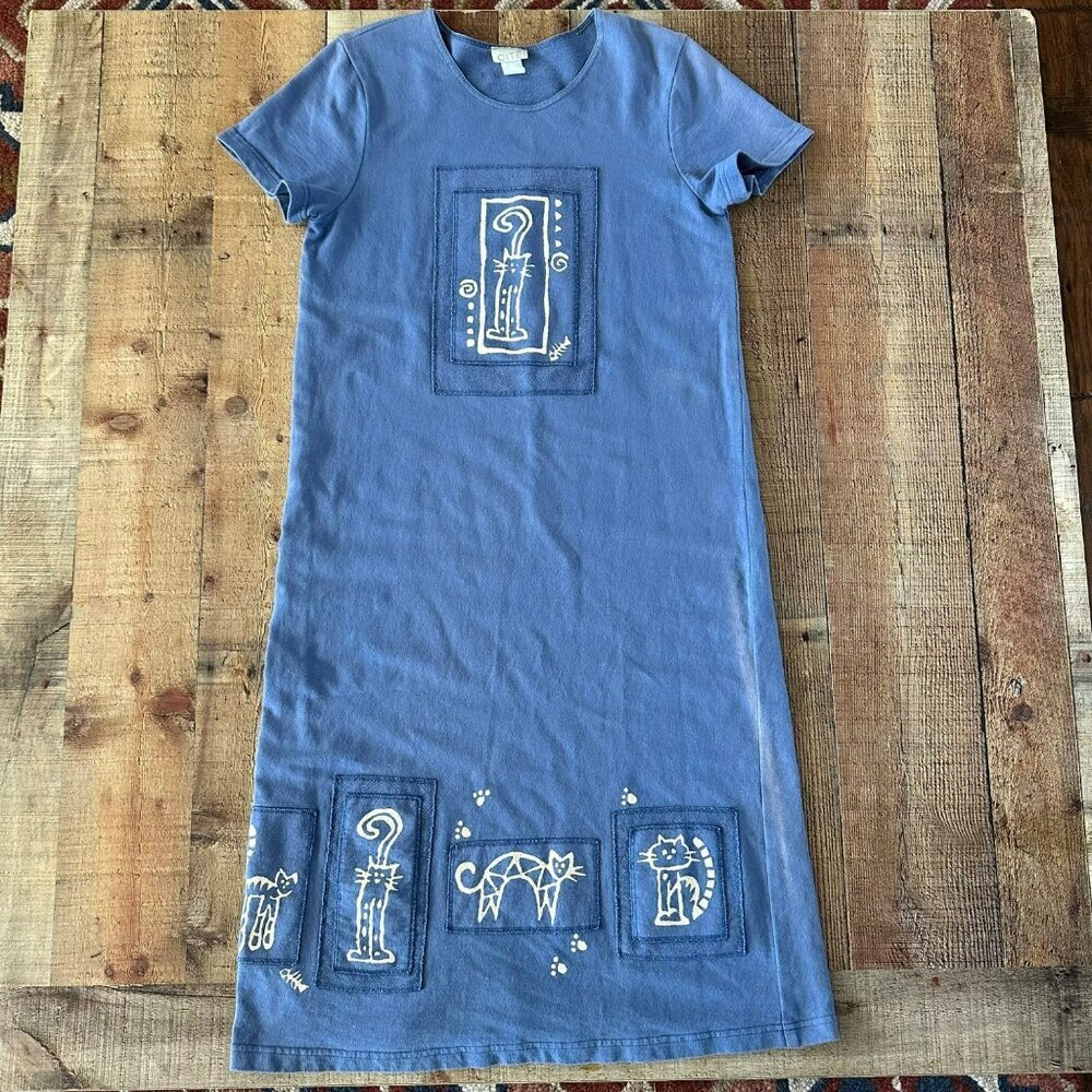Cute Blue Cat Dress With Graphic Print By Citiknits - Size M